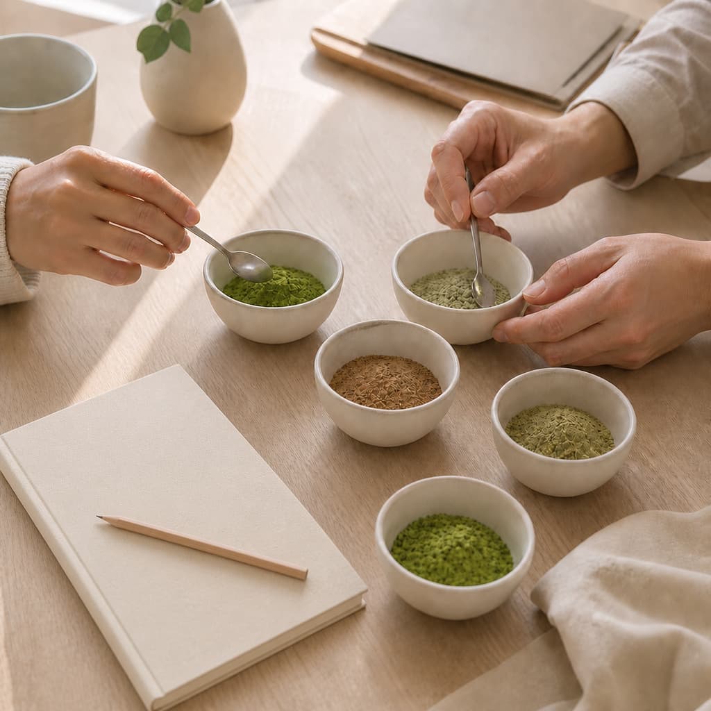 Two people reviewing sample cups and notes in a tasting session