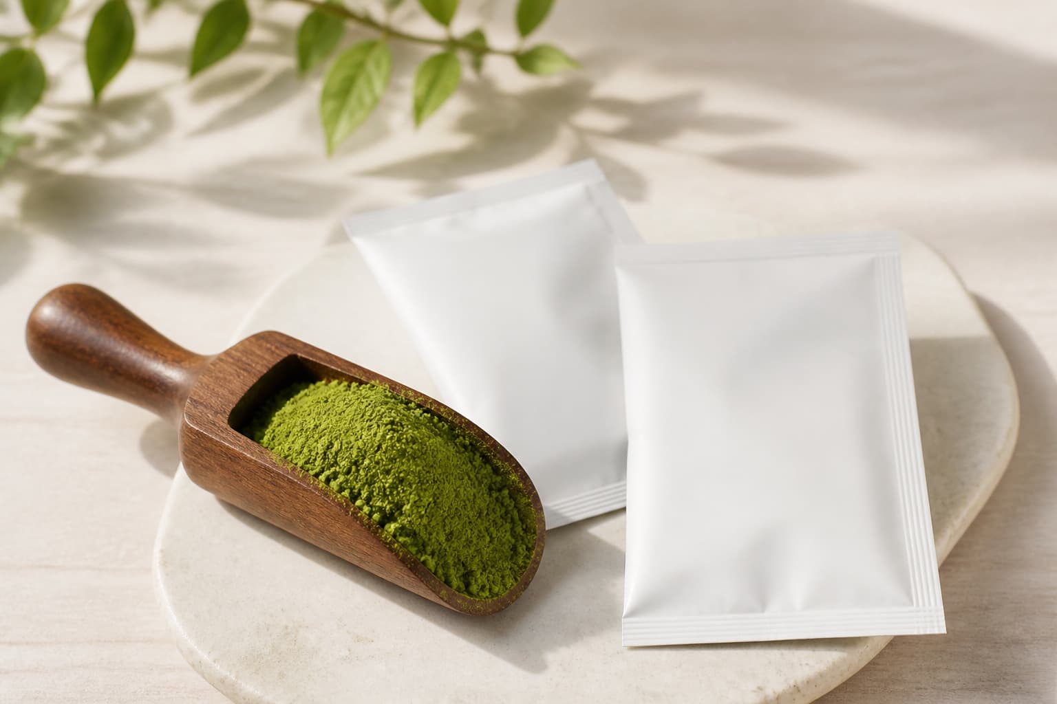 Green superfood drink powder with a scoop and sachets