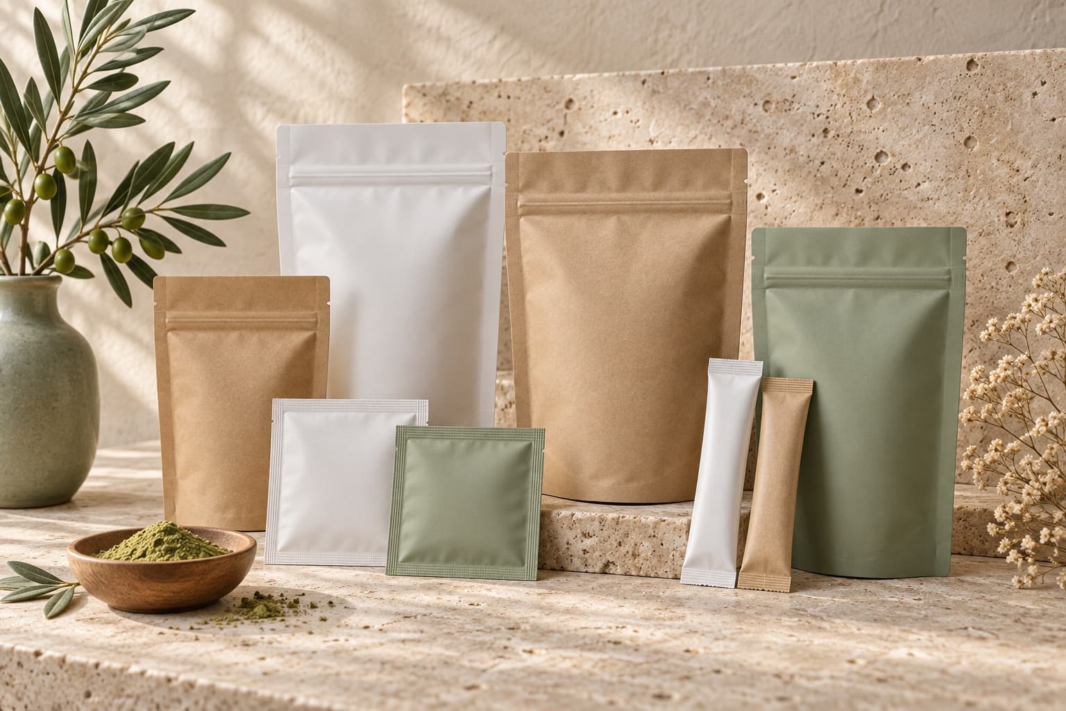 Unbranded stand-up pouches, sachets and stick packs in a packaging lineup