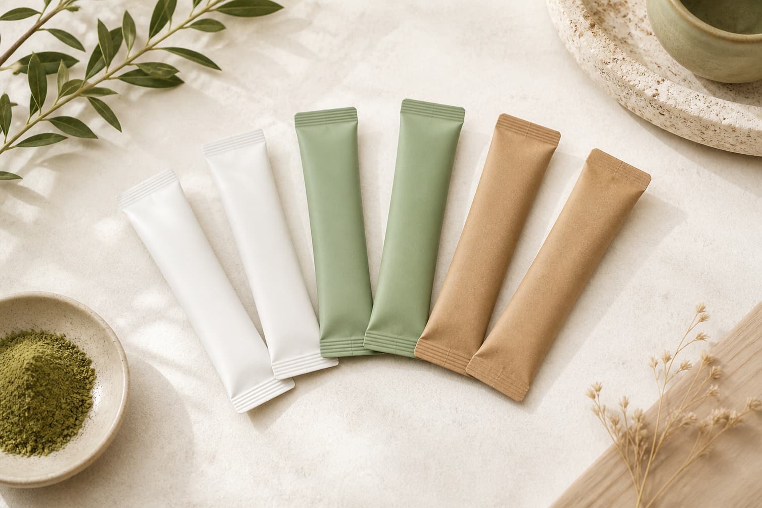 Unbranded single-serve stick packs fanned out