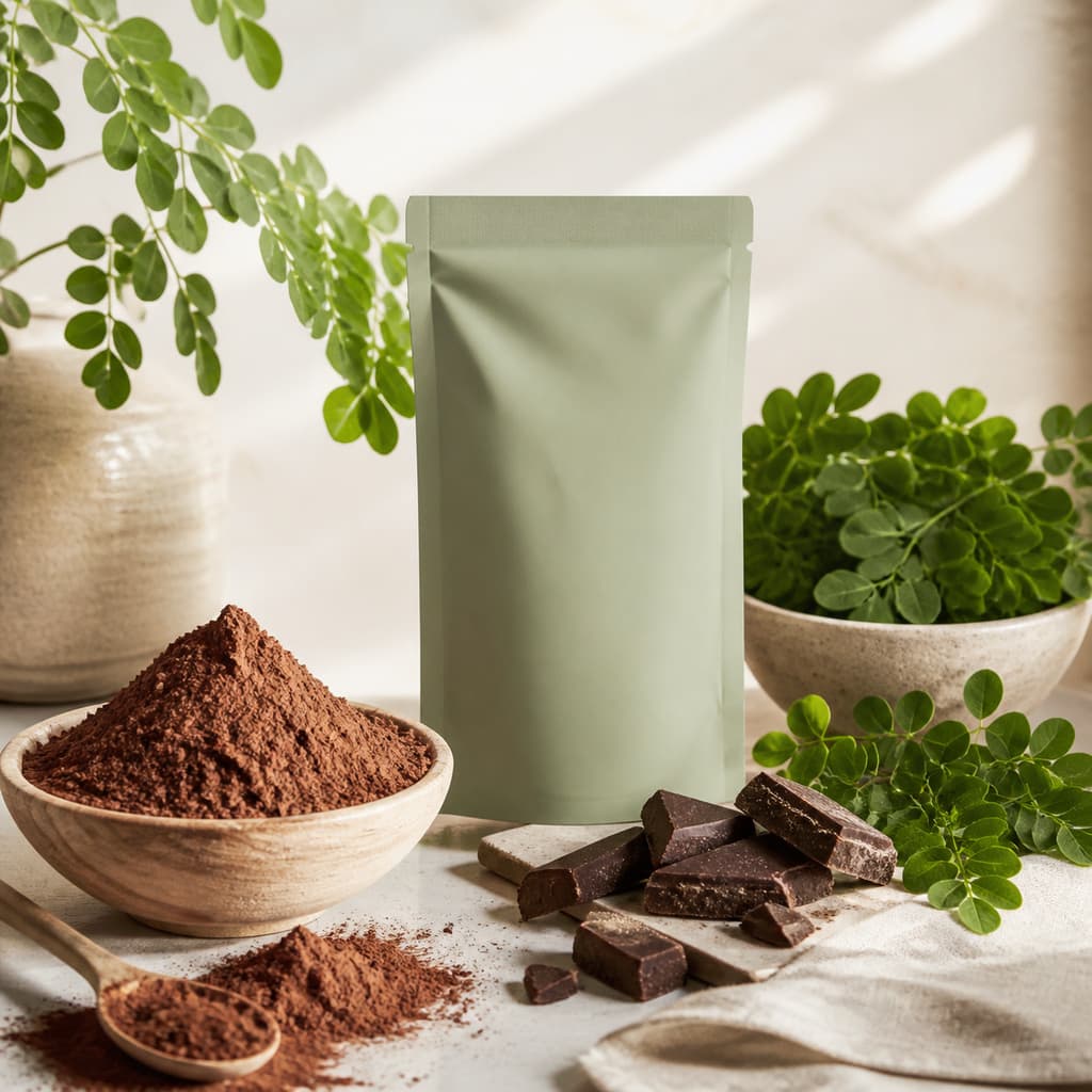 Moringa chocolate sample: cocoa powder, moringa leaves and an unbranded sachet