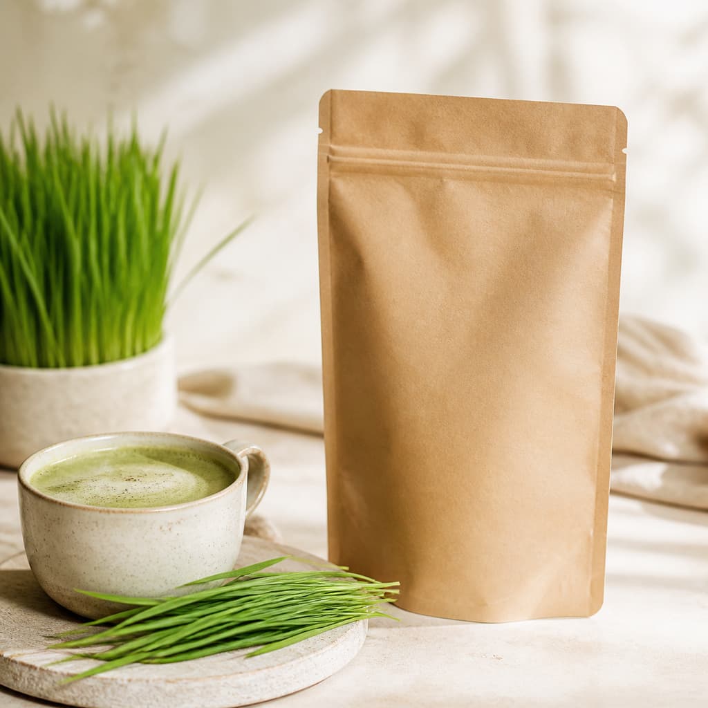 Wheatgrass coffee sample: unbranded pouch, prepared cup and wheatgrass sprigs