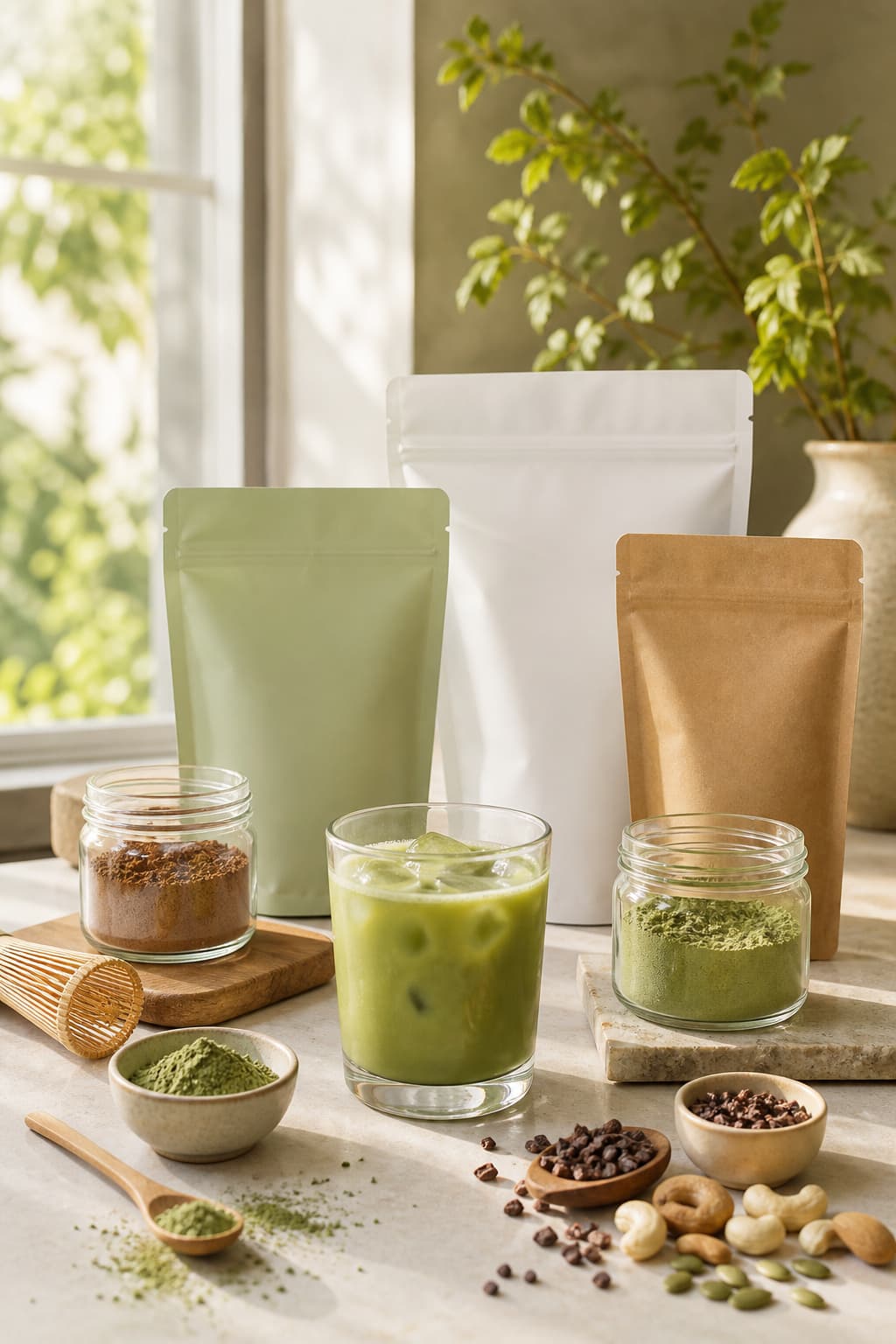 Unbranded pouches, green drink powders and an iced green latte on a sunlit bench