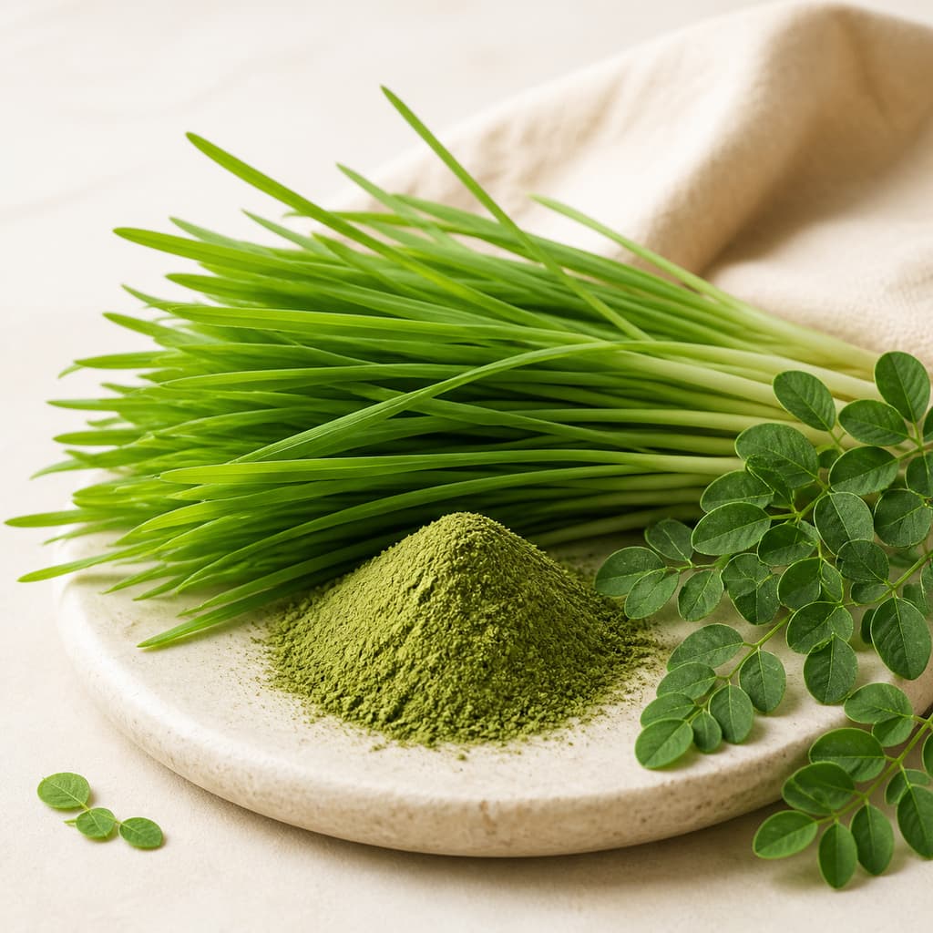Fresh wheatgrass, moringa leaves and green powder on a plate