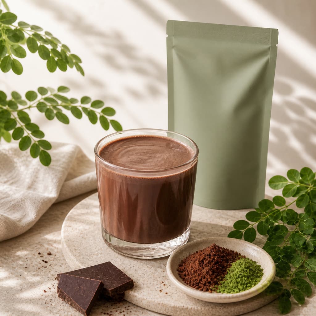 Moringa chocolate concept: dark cocoa drink with moringa leaf and powder