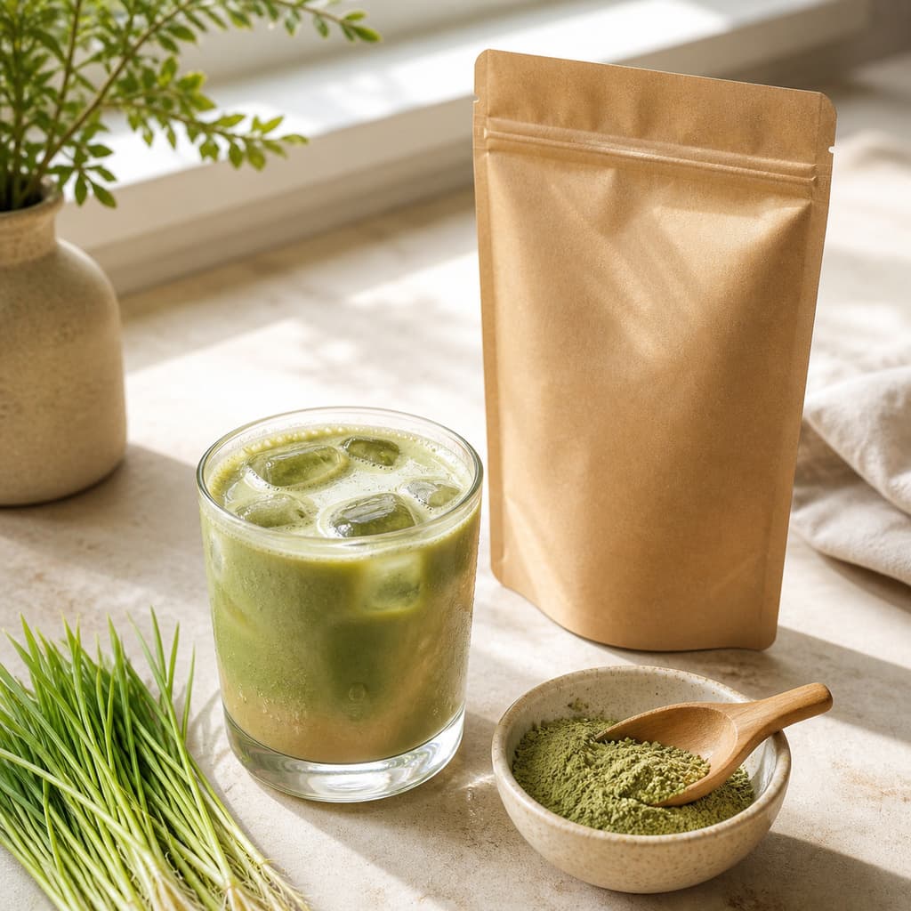 Wheatgrass coffee concept: iced latte, green powder and an unbranded sachet