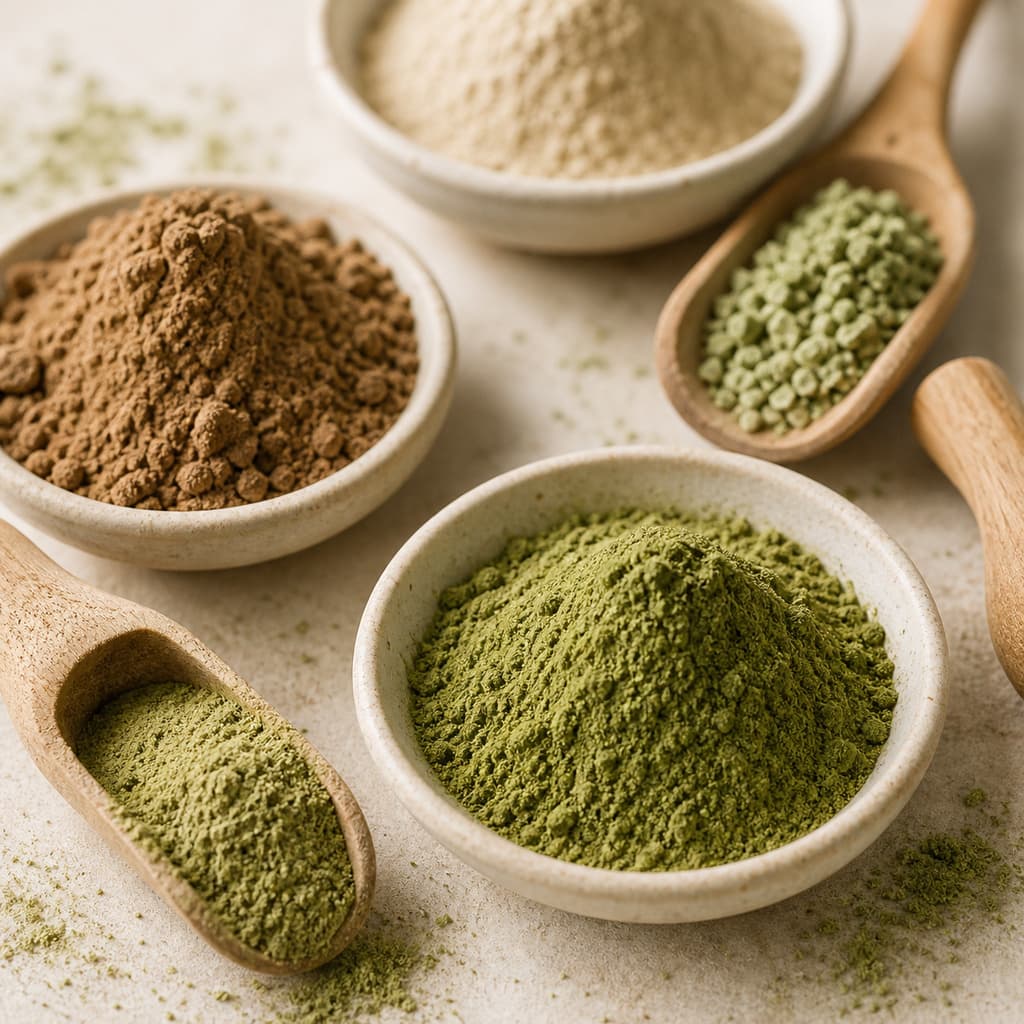 Raw ingredient powders with scoops on a development bench