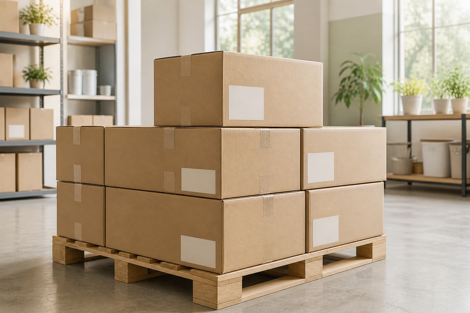 Sealed export cartons on a pallet with shipping labels