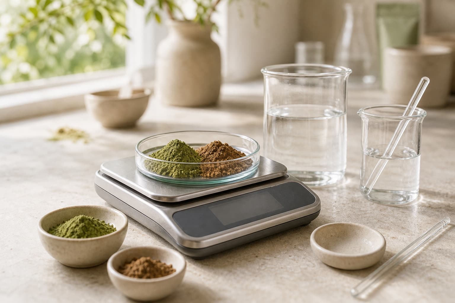 Formulation bench with weighed powders and beakers