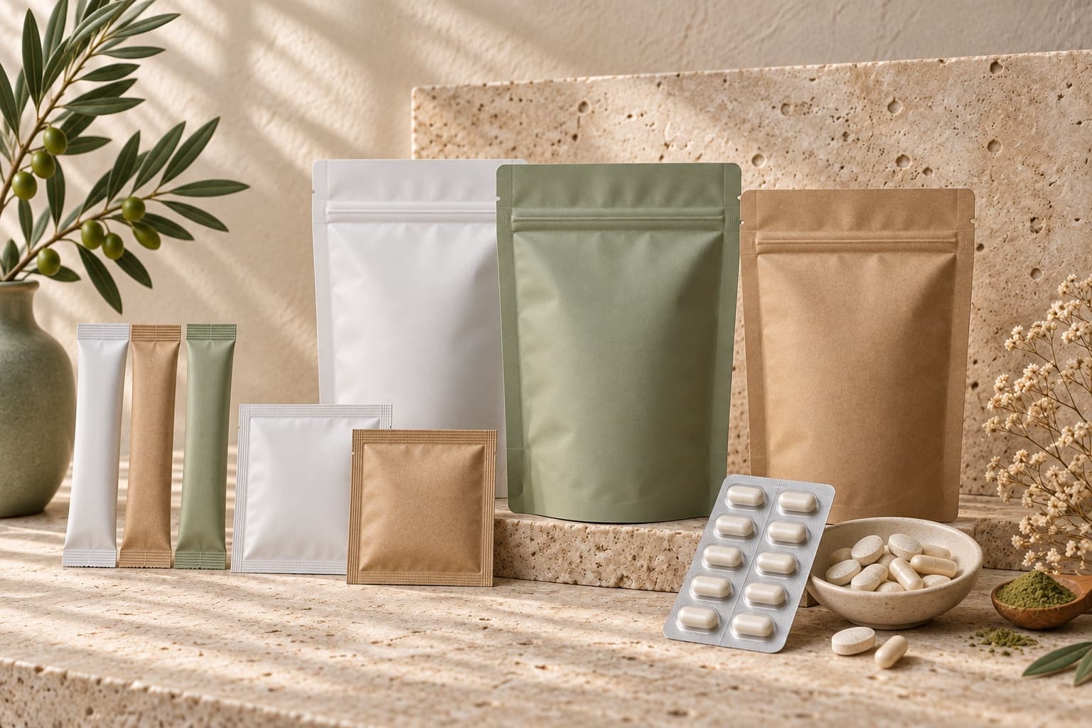 Neutral sachets and pouches in a packaging lineup