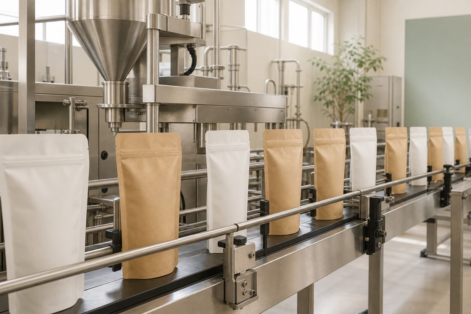 Unbranded pouches moving along a filling line