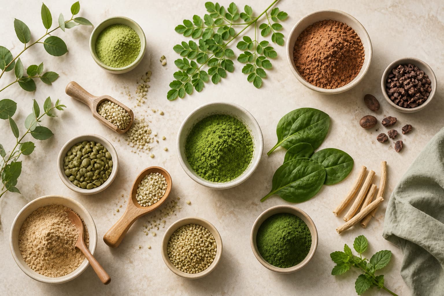 Raw ingredients: leaves, powders, cocoa and grains