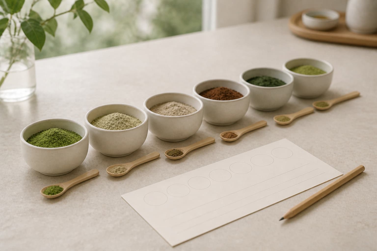 Tasting flight of sample cups with spoons and a score sheet
